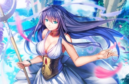 Kido Saori - nice, beauty, female, hot, wand, sundress, simple, anime girl, pretty, petals, anime, maiden, lady, sexy, girl, long hair, purple hair, rod, staff, gown, lovely, hd, plain, beautiful, weapon, sweet, dress