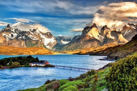 Magnificent Morning View - sky, torres del paine, chile, snowy peaks, mountains, lakes, patagonia, lodge, clouds, island, grass, bridge, sunrise