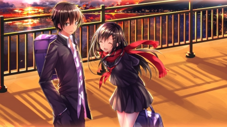 Time Memory - nice, female, anime girl, pretty, anime, romance, short hair, scene, male, anime couple, couple, scenic, girl, long hair, scarf, lovely, school uniform, romantic, boy, scenery, sweet, uniform, guy, happy