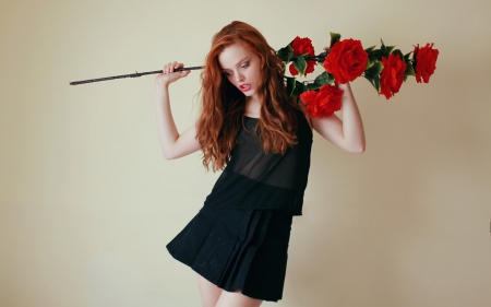 Girl with red roses - beauty, girl, flowers, pose, red hair, red roses