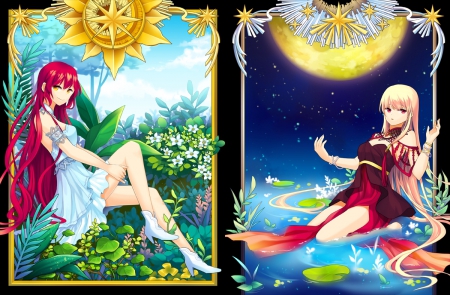 Sun & Moon - anime, magic, female, blossom, maiden, dress, long hair, red hair, hd, sun, moon, gown, anime girl, water, beautiful, girl, beauty, sweet, flower, petals, collages, fantasy, redhead, lady, floral