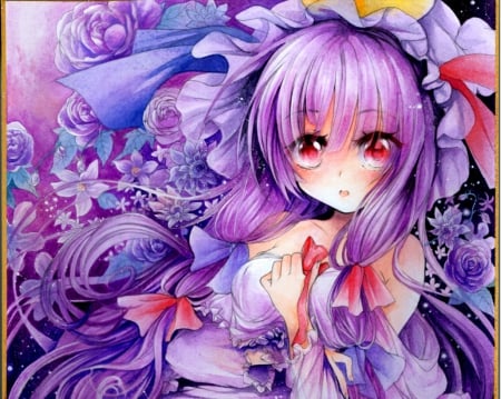 Purple Color - nice, female, anime girl, red eyes, touhou, purple, pretty, petals, anime, patchouli knowledge, adorable, girl, long hair, purple hair, lovely, kawaii, floral, blossom, sweet, flower, dress