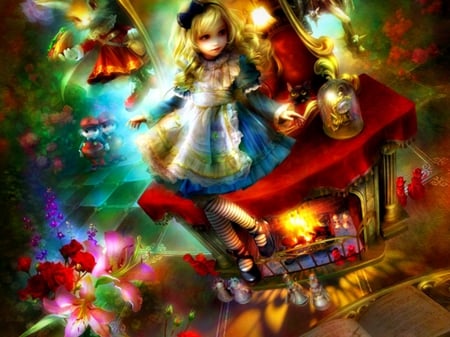 Alice notion - wonderland, book, Alice notion, girl, table, flower, Shu, fantasy, red, green, art