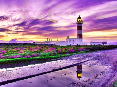 Lighthouse at Coastline - clouds, sea, water, reflection