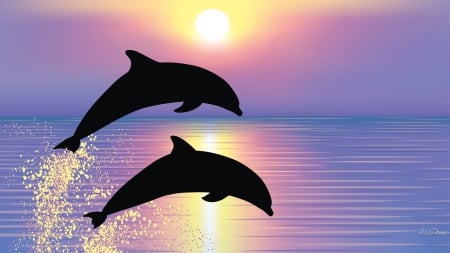 Sunrise Dolphins - sky, ocean, fish, dolphins, sea, sunrise