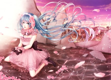 ✿✿✿ - miku hatsune, twin tail, female, blossom, maiden, blue hair, breeze, gown, beauty, flower, petals, wind, lady, floral, vocaloid, anime, elegant, divine, twintail, windy, dress, hatsune miku, long hair, gorgeous, hd, sit, sitting, twin tails, anime girl, twintails, beautiful, girl, miku, angelic, hatsune, vocaloids