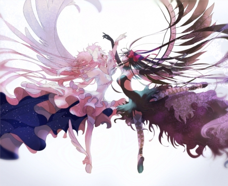 Mahou Shoujo - homura, gown, kaname, akemi, anime, anime girl, female, wing, dress, girl, angel, madoka, black, white, mahou shoujo, magical girl