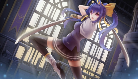 Mai Natsume - anime, twin tail, female, twintail, window, scene, mad, long hair, blue hair, hd, fight, jump, weapon, rpg, video game, twin tails, anime girl, game, realistic, twintails, girl, sword, blade, angry, sinister