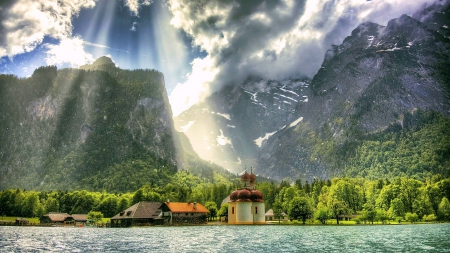 Opening And Raining Over Konigssee Lake - forest, mountains, germany, rain, beautiful, church, grass, hurch, lake, sky, s, clouds, st bartholomew, trees, bavaria