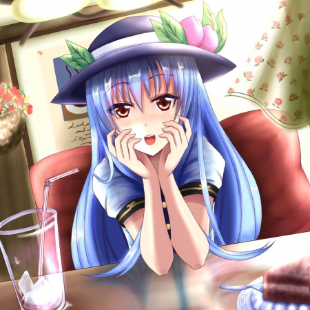 Hinanawi Tenshi - pretty, anime, hinanawi, female, scene, maiden, long hair, happy, touhou, blue hair, hd, nice, anime girl, girl, table, lovely, hinanawi tenshi, sweet, chair, ice, cube, smile, glasses, lady