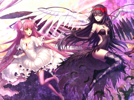 Mahou Shoujo - homura, gown, kaname, akemi, anime, anime girl, female, wing, dress, girl, angel, madoka, black, white, mahou shoujo, magical girl