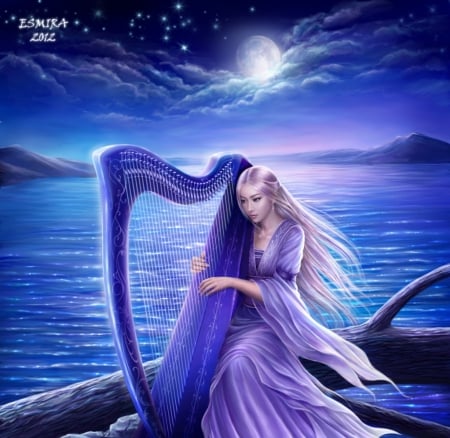 Midnight Harp - beauty, girl, harp, midnight, fantasy, purple, art, abstract, cool