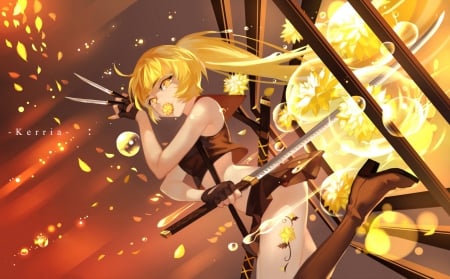 ❀Kerria❀ - pretty, anime, yellow, female, blossom, blonde, blond hair, long hair, emotional, rapier, blond, hd, weapon, nice, anime girl, serious, beautiful, girl, sword, blonde hair, beauty, lovely, sweet, flower, blade, cg, knife, sinister