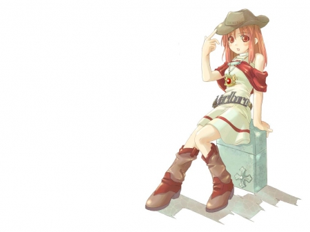 CowGirl - simple, pretty, cute, plain, kawaii, sweet, anime, adorable, anime girl, white, cowgirl, long hair, nice, hat, lovely, boots