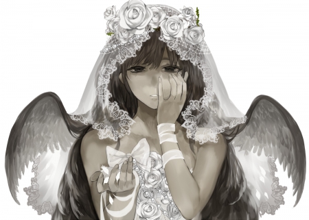 ~The Angelic Bride~ - veil, angel, wings, long hair, bride, wedding dress, pretty, anime, flowers