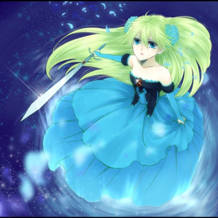 Matin Catorce - nice, beauty, female, ngelic, anime girl, elegant, blade, angelic, gorgeous, pretty, anime, sword, girl, long hair, gown, lovely, divine, blue, beautiful, weapon, sweet, dress