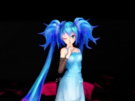 Shu ... - nice, realistic, beauty, female, twintail, aqua hair, anime girl, black, miku hatsune, anime, wink, miku, twin tail, hatsune miku, girl, twintails, long hair, gown, lovely, vocaloids, blue hair, twin tails, vocaloid, blue, beautiful, sweet, dress