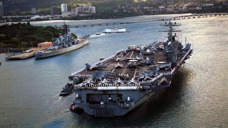 the uss carl vinson entering pearl harbor - ship, harbor, palnes, carrier, military