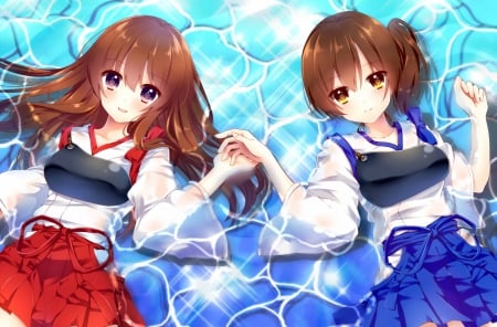 Red n Blue - nice, beauty, female, water, anime girl, kantai collection, armor, brown hair, laying, pretty, anime, cute, lying, adorable, girl, long hair, wet, kantai, lay, lovely, kawaii, beautiful, sweet, dress