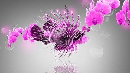 Fantasy Flower Fish - abstract, bokeh, fantasy, nature, orchids, fish, reflection, pink