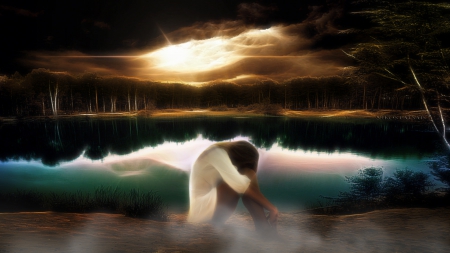 In my sorrow - sky, lake, digital, clouds, sunset, mist, sun, woman