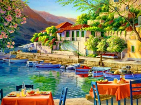 Assos harbor - peaceful, dock, beautful, spring, painting, art, pretty, table, pond, lake, houses, harbor, place, village, pier, restaurant, town, beautiful, cafe