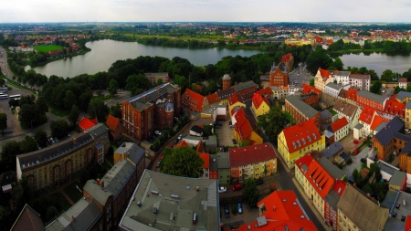 wonderful view of a city - city, lake, colors, view