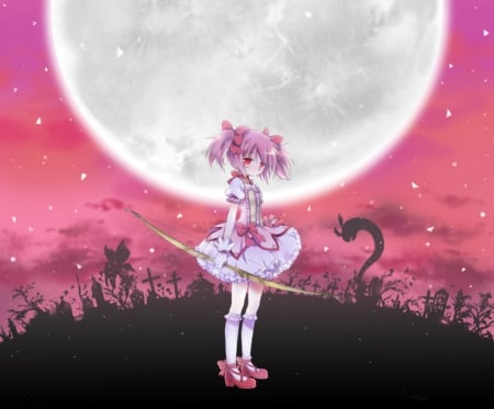 Mahou Shoujo - anime, kawaii, female, dress, pink, pink hair, moon, kaname, anime girl, archer, girl, sweet, madoka, mahou shoujo, magical girl, cute, adorable, bow