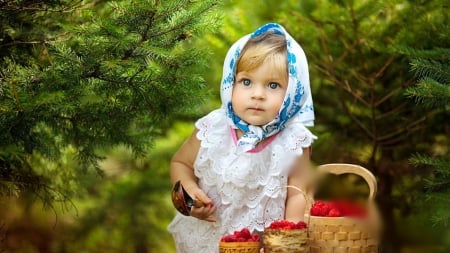 cute - girl, scarf, cherry, cute, garden, little