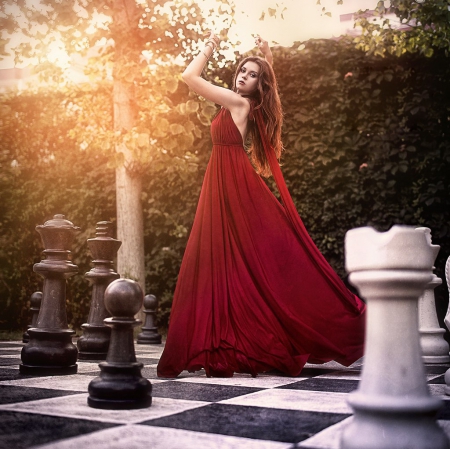 Red Beauty - lady, chess, beauty, model