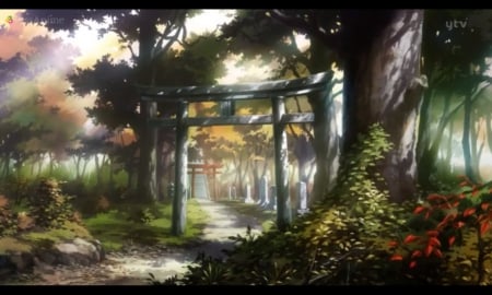 The Shrine - anime, scenery, scene, forest, plant, home, hiiro no kakera, shrine, sky, house, beautiful, scenic, beauty, shadow, tree, nature, forrest, jungle, shade, building