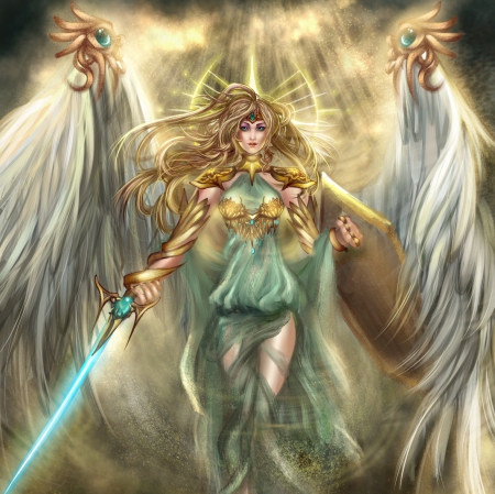 ArcAngel - pretty, maidne, magic, wing, blonde, angel, blond hair, light, magical, long hair, archangel, blond, hd, weapon, sparks, nice, realistic, beautiful, sword, blonde hair, feather, beauty, lovely, sweet, blade, cg, glow, fantasy, lady, wings, 3d, fantasy girl