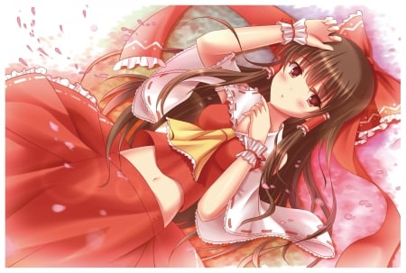 Hakurei Reimu - nice, beauty, female, anime girl, reimu hakurei, brown hair, laying, touhou, pretty, anime, reimu, ribbon, maiden, lady, lying, girl, shrine maiden, long hair, lay, hakurei reimu, lovely, red, beautiful, sweet, dress