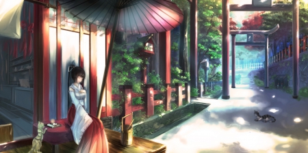 Sleeping at the Shrine - pretty, anime, female, scenery, scene, maiden, shrine, hd, nice, anime girl, beautiful, girl, scenic, beauty, kimono, lovely, sweet, yukata, lady