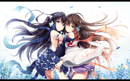 I Back Here - pretty, anime, elegant, divine, female, windy, maiden, dress, long hair, gorgeous, blue hair, plain, ribbon, hd, nice, hug, breeze, gown, anime girl, beautiful, girl, simple, beauty, lovely, brown hair, sweet, wind, double, twins, lady, dual, angelic