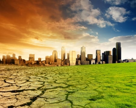 Dried and green - land, dried, green, buildings, sky