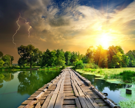 Long bridge - path, nature, lake, sky, bridge