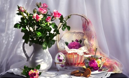 * Still life * - curtain, vase, roses, soft, bouquet, still life