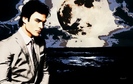 Ian Somerhalder (fantasy) - moon, tv series, water, black, poster, ian somerhalder, art, man, blue, by cehenot, damon, actor, vampire diaries, sea