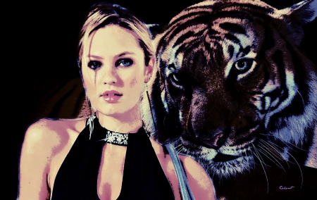 Candice Swanepoel (fantasy) - poster, by cehenot, girl, pink, tiger, head, black, animal, purple, woman, model, Candice Swanepoel, art, wild