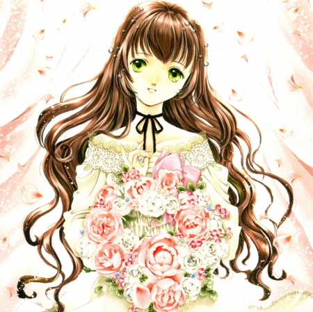 Bride - gown, flower, wedding, maiden, beautiful, blossom, bouquet, anime girl, girl, elegant, lady, gorgeous, floral, pretty, beauty, green eyes, sweet, brown hair, anime, bride, dress, long hair, divine, angelic, nice, lovely, female