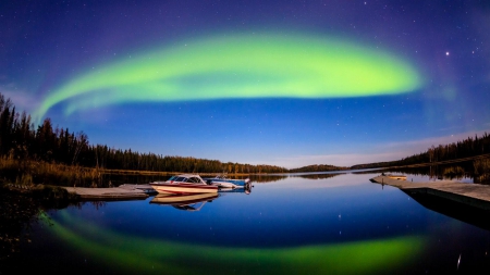 aurora borealis over a tranquil lake - stars, lake, aurora borealis, boats, dock