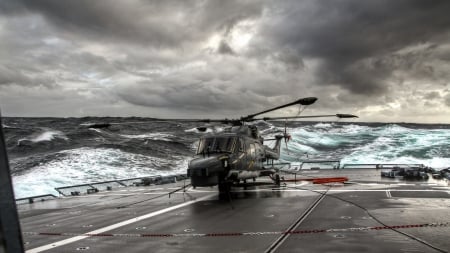 helicopter on a carrier in rough seas - storm, clouds, carrier, ship, helicopter, waves, sea