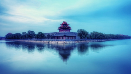 ancient chinese fortress - fortress, lake, pagoda, reflection, wall