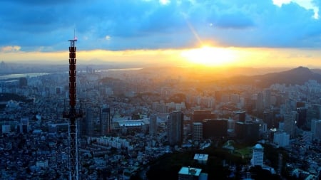 wonderful sunrise over seoul korea - tower, clouds, rays, river, city, hills, sunrise