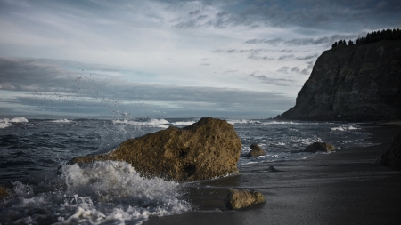 sea waves at a coastal cliff - beach, cliff, sea, splach, waves, rocks