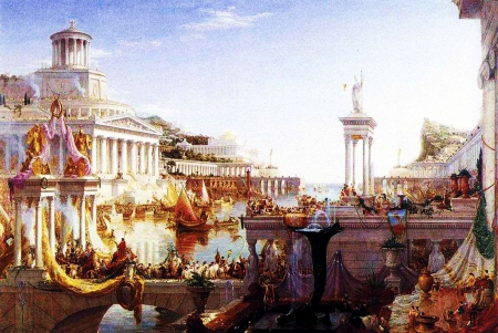 Empire - ancient, people, boats, water, column, artwork, city, golden, decoration