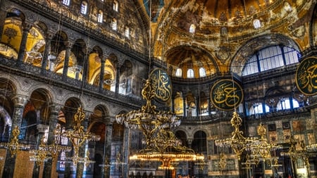 magnificent moasque interior hdr - chandeliers, writings, interrior, hdr, mosque, dome