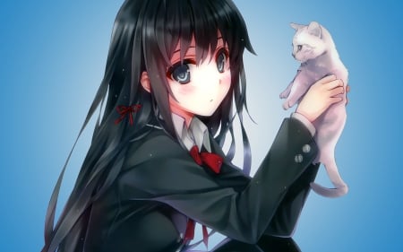 cute girl - pretty, cat, girl, school, anime, uniform, cute