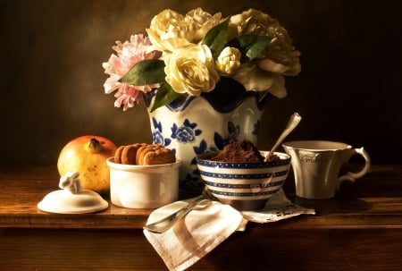 Still Life - tea, pomegranate, flowers, bouquet, cakes